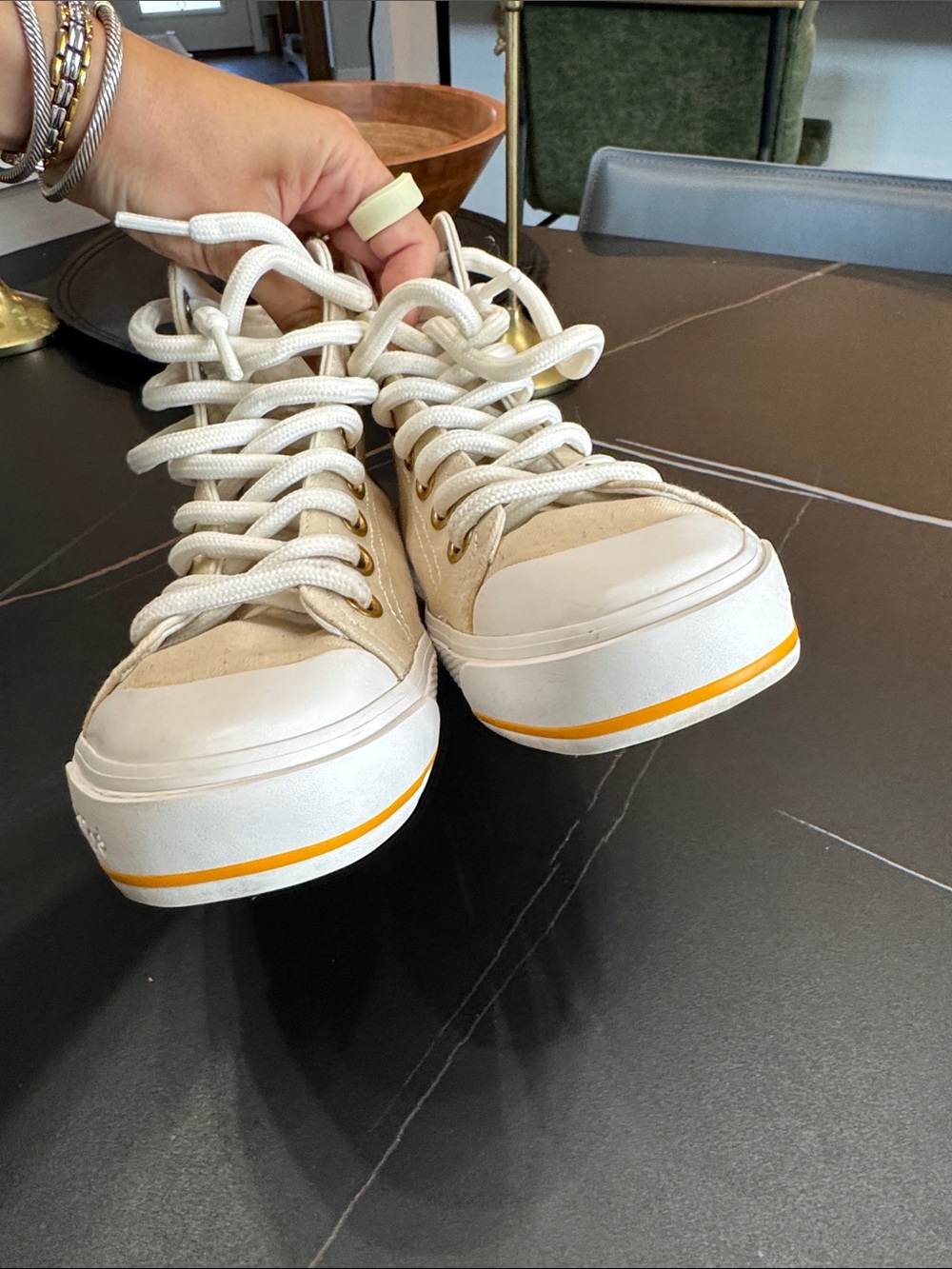 See By Chloé Cream High-Top Canvas Sneakers with Gold Script - Picture 5 of 12